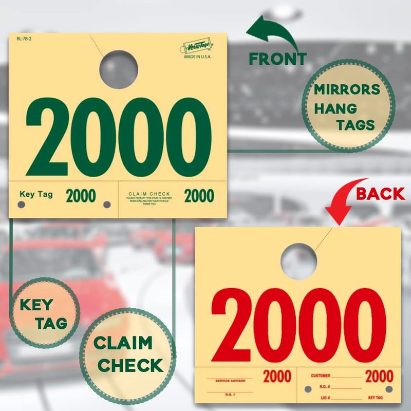 Versa-Tags 1000 Automotive Service Dispatch Numbers Mirror Hang Tags Numbered 2000-2999 RL78 Style Red Green Service Dispatch Numbers Manilla Card Stock with 1.25 Slotted Hang Cutout - Image 5